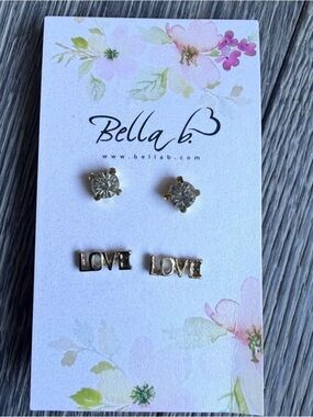 Bella B Rhinestone Stud & Love Word Earrings in Gold Duo Set